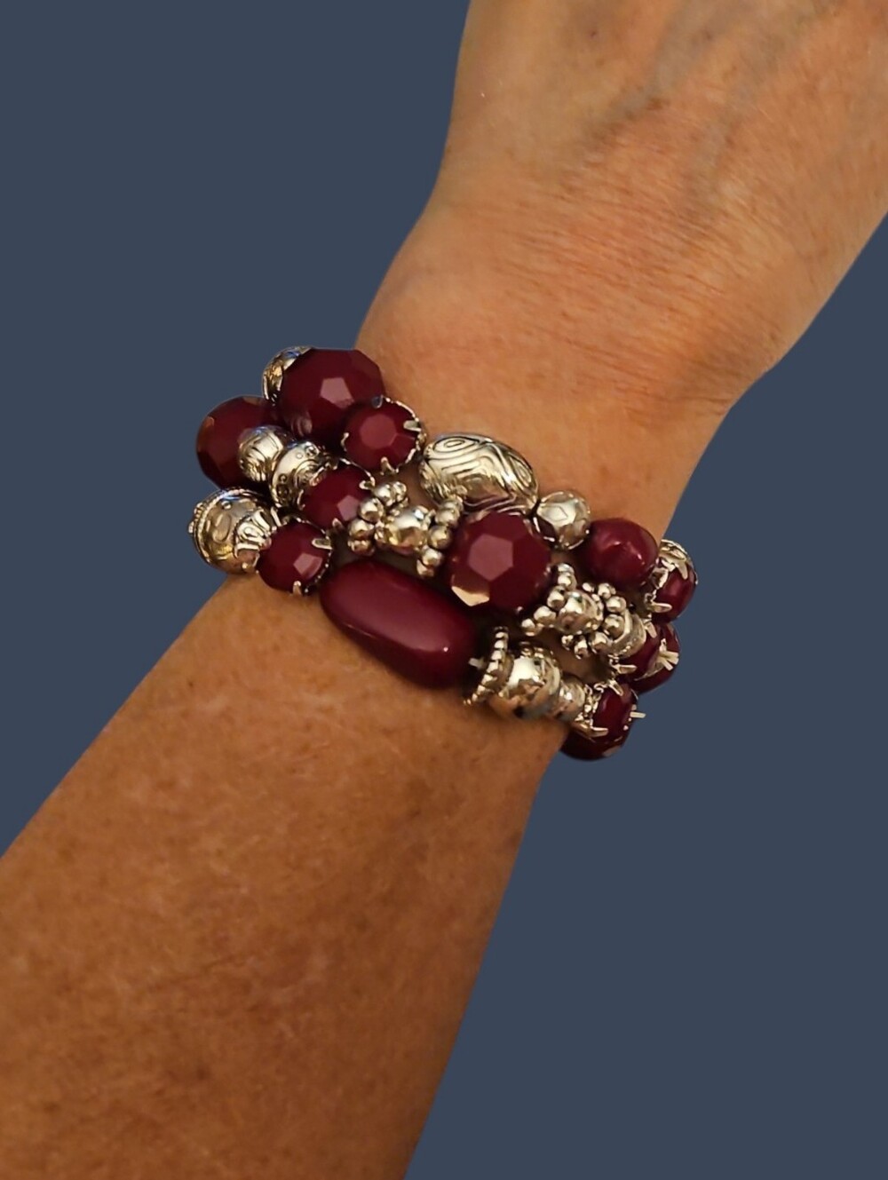Chunky Burgundy Beaded Stretch Bracelet with Silver Accents